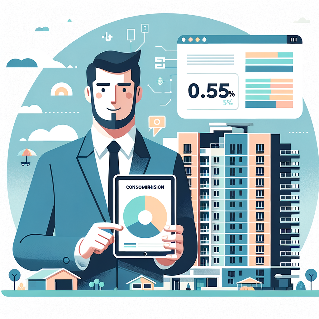 Generate a modern flat-style illustration depicting a Caucasian male condo manager holding a tablet with a condominium application open on it. The tablet screen boldly presents a pie chart and a numeric formula (say, “0.05 = 5%”) that represents the ideal fraction for each unit. Set against a backdrop of a cross-section of a multi-storey building, one apartment stands out, accentuated. Include petite icons signifying common areas such as a garden, pool, and an elevator. Opt for a clean pastel color scheme, sharp lines, and clear, legible typography to embody a sense of organization and efficiency.