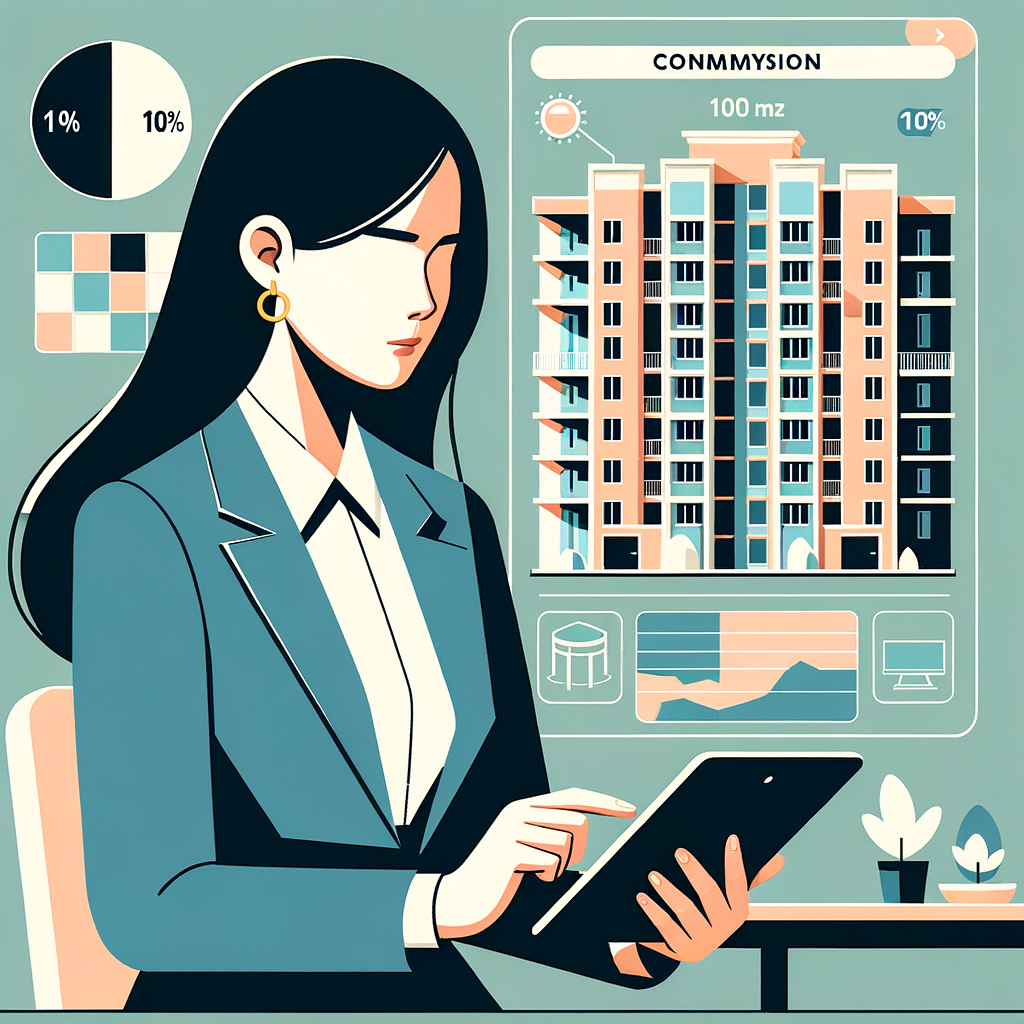Generate an image in the modern flat-style of a South Asian female condominium manager sitting at her desk, holding a tablet displaying a condominium management application. The tablet screen should feature a pie chart and the formula '100 m² / 1000 m² = 10%', along with a stylized depiction of a multistory building's cross-section highlighting one apartment. The background should include minimalist icons representing common areas like a garden, a swimming pool, and an elevator. The color palette should be soft pastels, with sharp, clean lines and intelligible typography to communicate a sense of efficiency and organization.