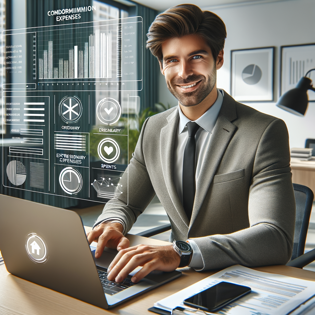 A modern, Hispanic building manager, sitting at a well-lit office desk, working on a laptop. The laptop screen displays detailed graphs and tables, showing a clear analysis of the condominium expenses, with a visual distinction between ordinary and extraordinary expenses. The building manager is smiling with an expression of confidence, indicating that he has control over the financial situation. Next to the laptop, there's a smartphone with an icon of a condominium management app prominently displayed on the screen. The environment is professional, organized, and conveys the idea of efficiency and modern management.