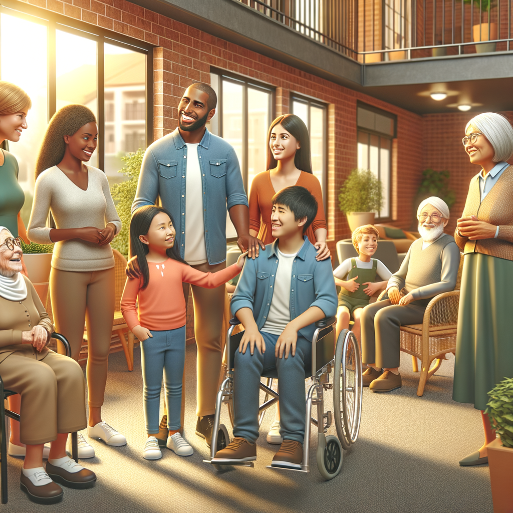 A warm scene displaying a diverse group of residents, including a person in a wheelchair, engaging in friendly interaction in an accessible common area of an apartment building, such as an adapted garden or party hall. Among the residents are a Hispanic woman, a Black man, a Caucasian boy, a Middle-Eastern girl, and a South Asian elderly man. The image should convey joy, inclusion, and community.