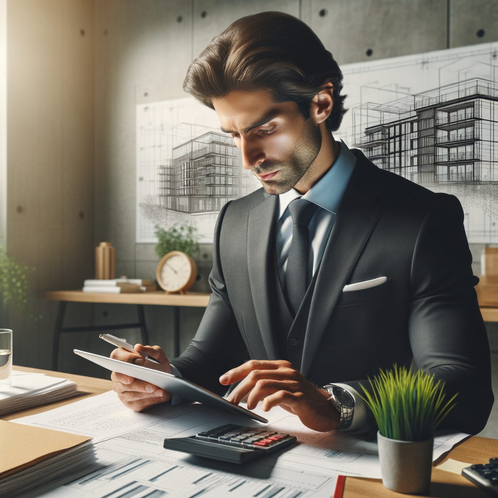 A well-crafted image of a dedicated Caucasian male condominium administrator intently working on a digital checklist related to condominium financial reporting on his tablet. His workspace is tidy and professional, with orderly stacked documents, a calculator, and a small vibrant green plant adding a touch of life. The background offers a subtle hint of a contemporary condominium ambiance, showcasing elements such as architectural blueprints and an artistically represented condominium building. The overall theme communicates efficiency, responsibility, and transparency in condominium administration. Now, visualize a Middle-Eastern female counterpart fulfilling the same role devotedly, underlining the universality of the profession.