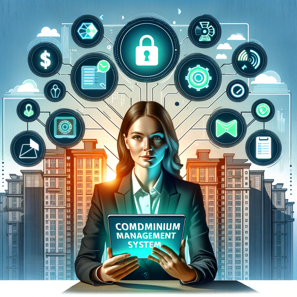 Generate a high-resolution digital artwork of a modern Caucasian female condominium manager seated at a desk, holding a glowing tablet that displays a “Condominium Management System” checklist. Surround the tablet with crisp, flat-style icons representing financial management (dollar sign), communication (speech bubble), security (shield lock), access control (keycard), and scheduling (calendar). The background displays a stylized high-rise skyline transitioning into soft blues and grays. Utilize minimalistic lines and add bright accents of green, teal, and orange to depict a tech-savvy, professional atmosphere.