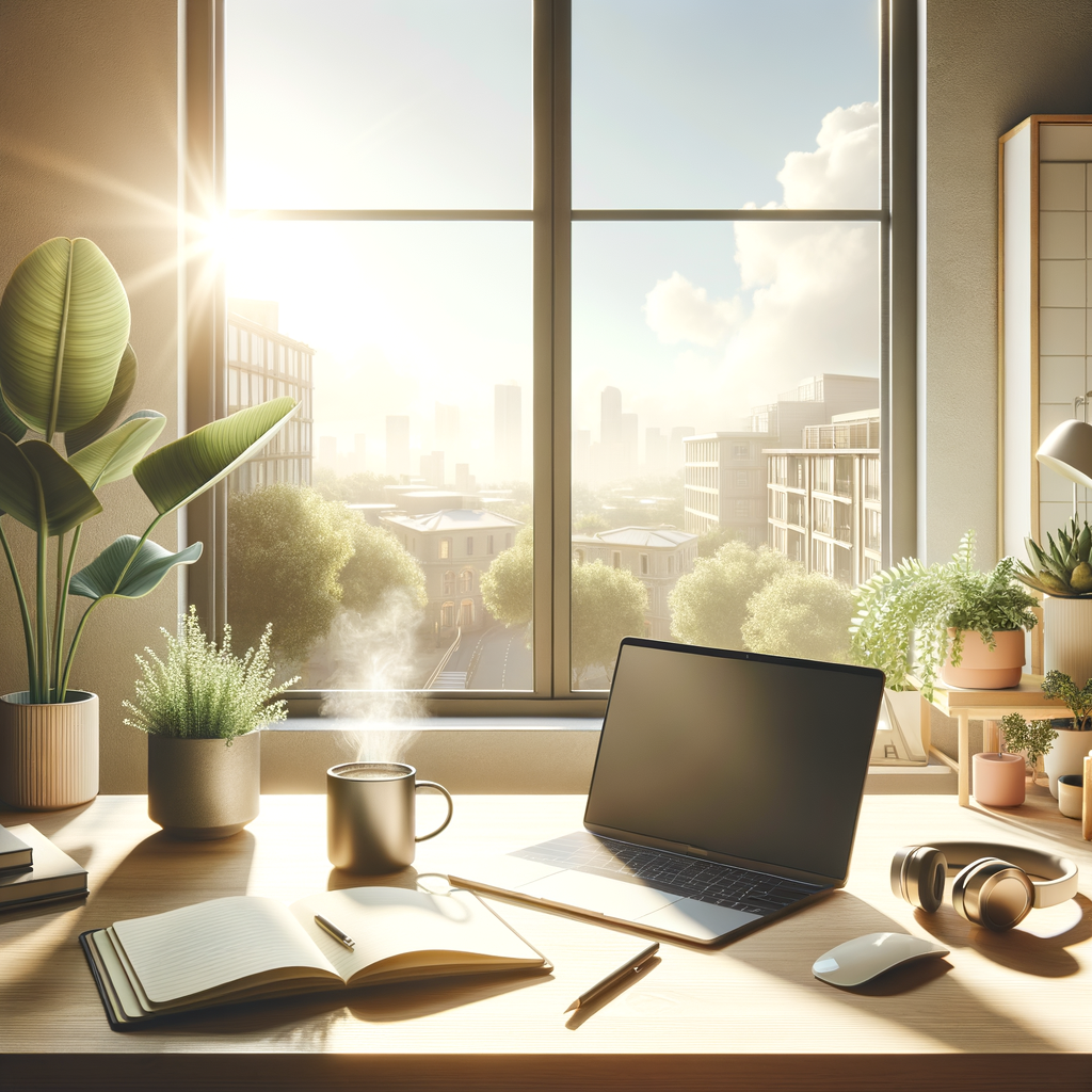 Please craft a high-resolution image with a scene illustrating the concept of remote work. The visual elements in the scene would include a modern home-office environment, complete with a sleek laptop resting on a light wooden desk, accompanied by a steaming mug of coffee, a dainty potted plant, and a pair of wireless headphones. There should also be an open notebook around. In the background, portray a large window through which the sunlight brightly streams in, illuminating a distant view of a city skyline, as well as a leafy, plant-covered balcony. Please use a clean, minimalist and flat design aesthetic, featuring soft pastel color schemes, subtle shadows, all combined to exude a calm and uplifting atmosphere.