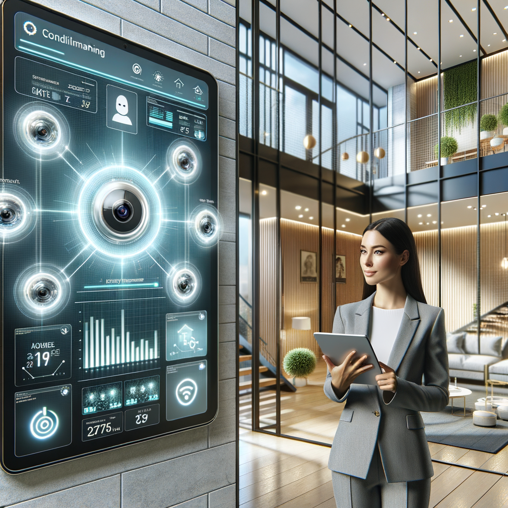 A bright, photorealistic digital illustration of a sleek, modern condominium lobby filled with visible smart-home devices: AI-powered security cameras with subtle facial-recognition overlays, a wall-mounted energy-management touchscreen panel showing usage charts. On one side, a Hispanic female property manager is holding a tablet displaying a condominium-management app interface. The scene should convey high technology, efficiency, and safety through clean lines, natural lighting, and a minimalist, futuristic design.