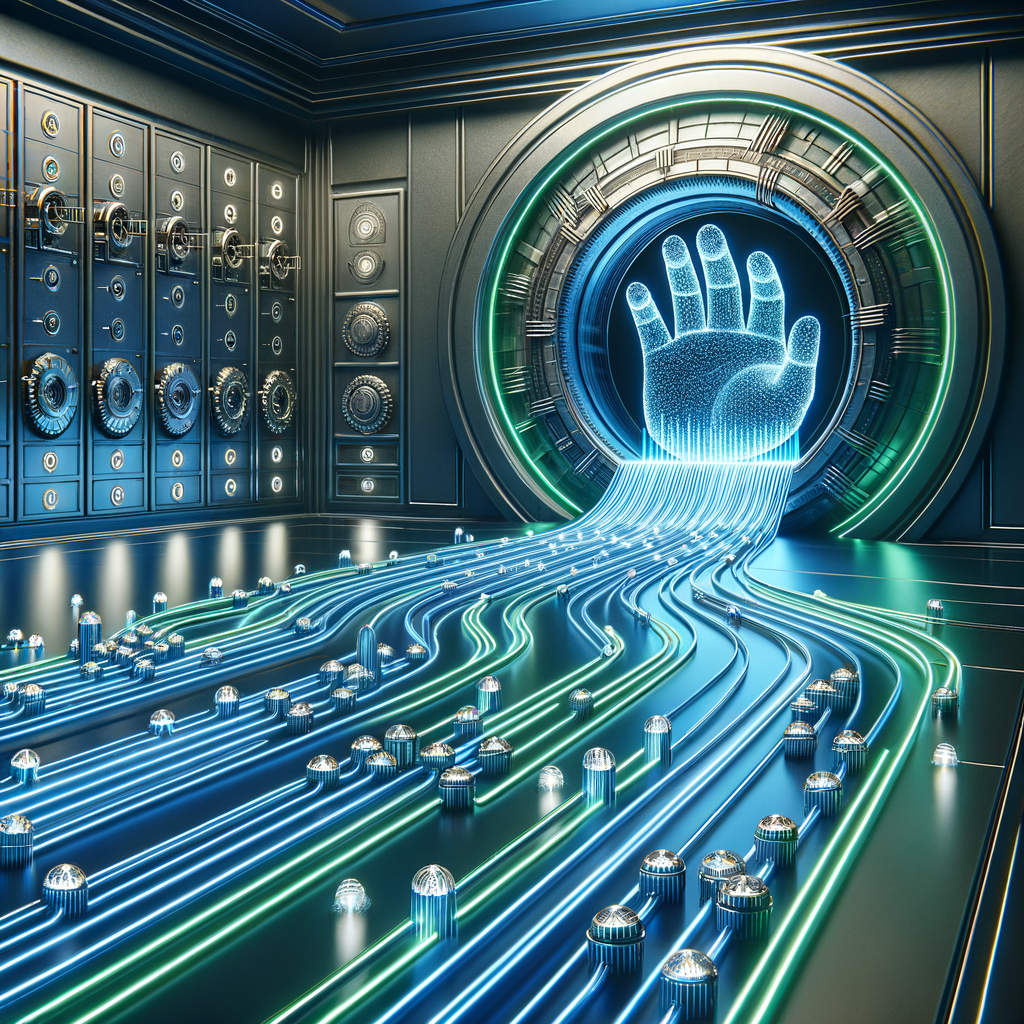 Create a high-resolution digital illustration of a modern, clean, and trustworthy scene. The scene describes an intricate maze of glowing blue and green data streams. These streams are guided by a large protective hand, symbolizing control and direction. The streams are heading toward a sleek, futuristic, metallic vault door with illuminated accents. The door evokes a sense of top-level security. The overall atmosphere of the composition should be modern, clean, and give a feeling of trustworthiness.