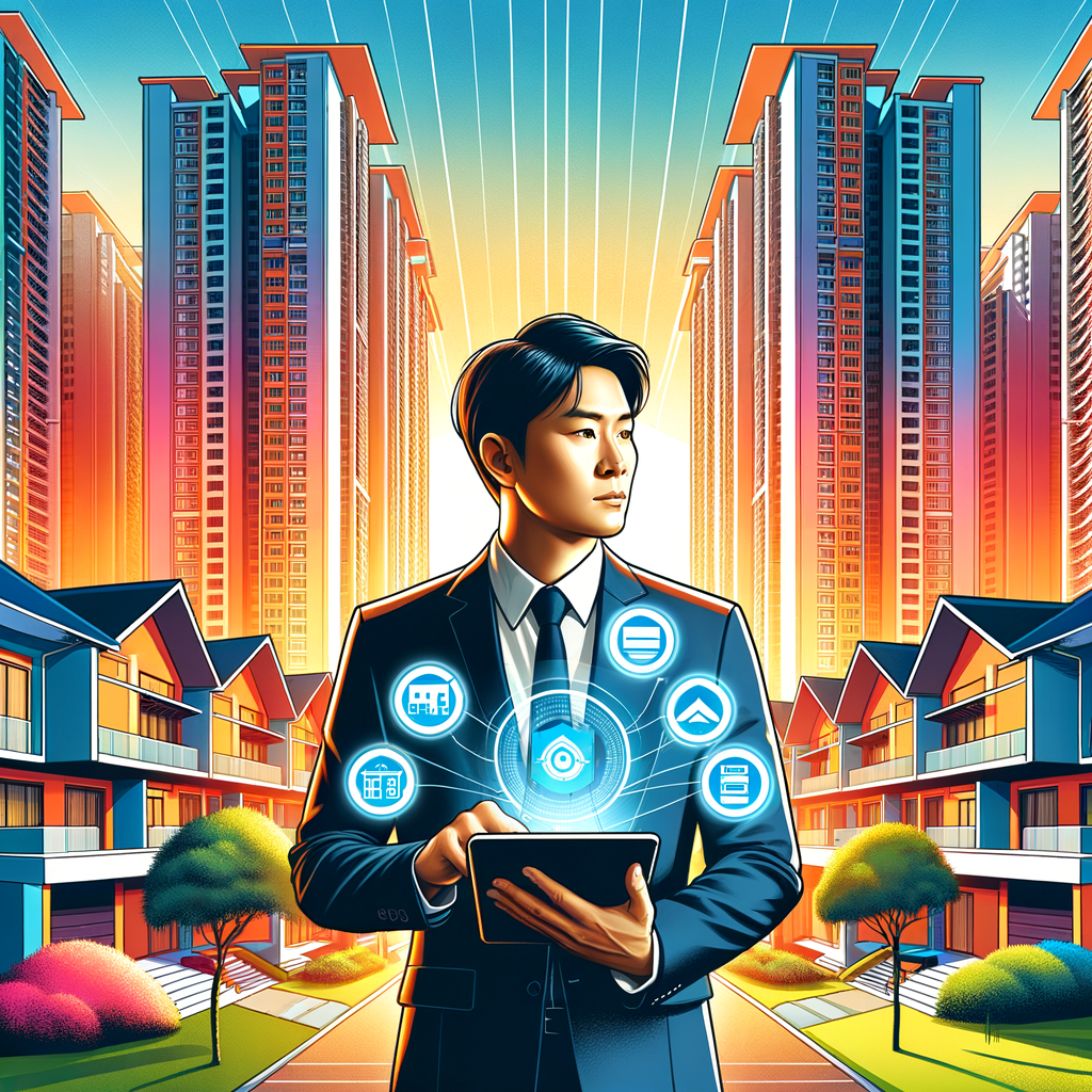 An illustration of a modern condominium scene. The central figure is an Asian building manager, with smart attire, attentively using a tablet displaying numerous tabs related to building maintenance tasks. The background reveals a well-maintained condominium building radiating care and warmth. The overall color scheme is vibrant and bright, adding energy to the setting. The style is sleek and minimalist with a focus on shapes and clean lines, underlying the essence of efficient and organized management. This image reflects a fusion of professionalism, technology, and meticulous attention to detail.