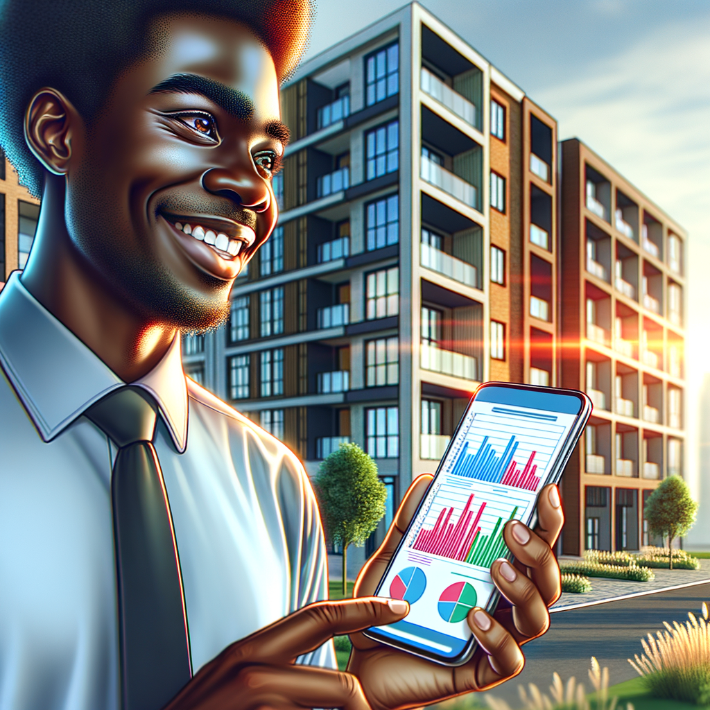 A confident and professional condominium manager of African descent, smiling as they hold a sleek smartphone. They are using a finance management app, displaying vividly colored charts and graphs on the screen. In the slightly blurred background, a modern and well-maintained residential building can be seen, reflecting the optimistic sunlight. The scene is enveloped in vibrant colors and drawn in a clean, modern digital art style, echoing an optimistic ambiance.