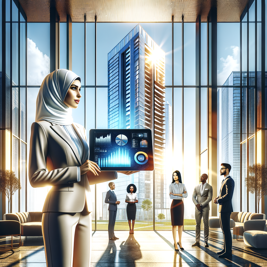 A confident Middle-Eastern condominium manager, dressed in business-casual attire, stands tall in a luminous, modernly designed lobby. She is holding a sleek, advanced tablet whose screen radiantly illustrates a variety of dynamic financial charts and graphs. A small group of attentive residents, consisting of a Caucasian man, a Black woman, and a South Asian woman, are present, watching intently. Through expansive floor-to-ceiling windows right behind them, an immaculately maintained residential tower shimmers, bathed in inspirational, warm sunlight. The scene is captured in a digital illustration style with precise, clean lines and invigorating, vivid colors.