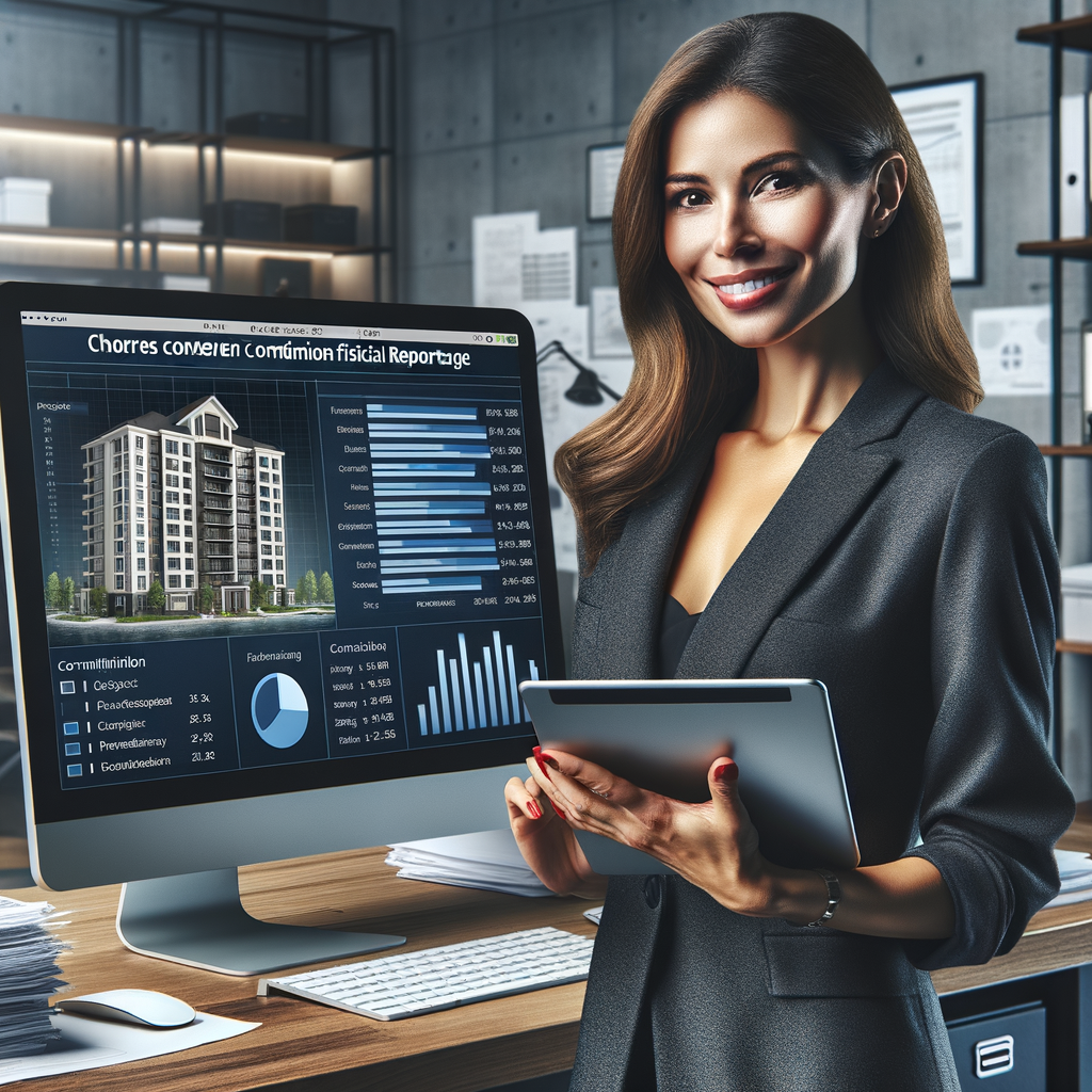 Generate a visually intriguing image set in a contemporary condominium administration office. The centerpiece is a chicly dressed condominium manager, a Hispanic woman, grinning confidently while examining a digital list on her tablet. The screen of the tablet is vivid, displaying vital fiscal data points and chores concerning condominium fiscal reportage. The backdrop hints subtly at a well-maintained and efficient workstation, with features such as neatly arranged papers, a state-of-the-art computer, and potentially a tasteful architectural miniature of a condominium building. The overall impression signifies professionalism, efficiency, and openness in condominium management.
