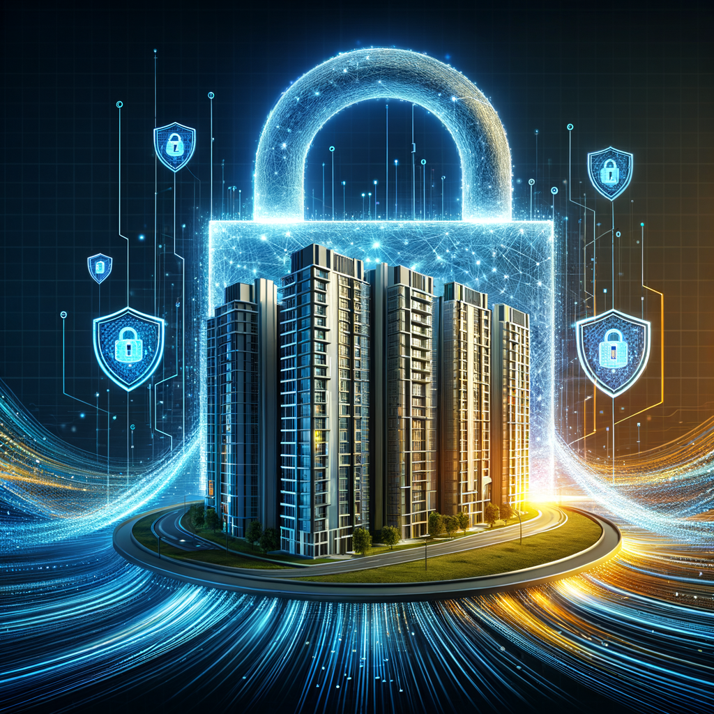Generate a sleek, high-resolution digital illustration of a modern condominium tower. The tower is enveloped by a glowing, ultramodern padlock which symbolizes robust digital security. Around the building, flowing streams of intricate binary code are seen. Add shield icons and an array of data symbols in the vibrant shades of blue and yellow. The whole composition conveys the feeling of trust and compliance with LGPD, imbuing a sense of well-protected digital environment.