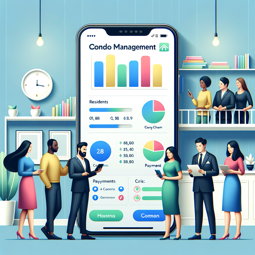 Illustrate a contemporary condominium financial management scene with: a sleek smartphone in the foreground displaying a condo-management app dashboard, complete with vivid bar charts, pie charts, and payment reminders; in the background, include a group of residents composed of a Caucasian woman, a Black man, a Middle-Eastern woman, and a South Asian man, along with a Hispanic woman property manager, all standing in a chic condo lobby having a financial discussion; Use a bright and lively color palette and a clean flat design with faint 3D/isometric perspective for the smartphone and the lobby. The overall tone should be professional and inviting.