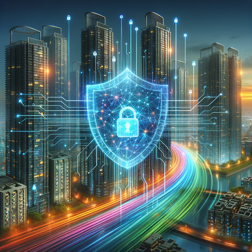 Depict a futuristic city scene where advanced condominium skyscrapers tower high into the sky. In front of these buildings, illustrate a glowing, translucent digital shield that hovers in the air. This shield radiates varying hues of neon colors and has streamlined network lines flowing across its surface, alongside floating binary code. Subtle icons of padlocks are dispersed within the swirling network lines, symbolizing strong cybersecurity measures and robust data protection. The overall image should express a feeling of sleekness and technological advancement, highlighting the importance of cybersecurity in an increasingly digital world.