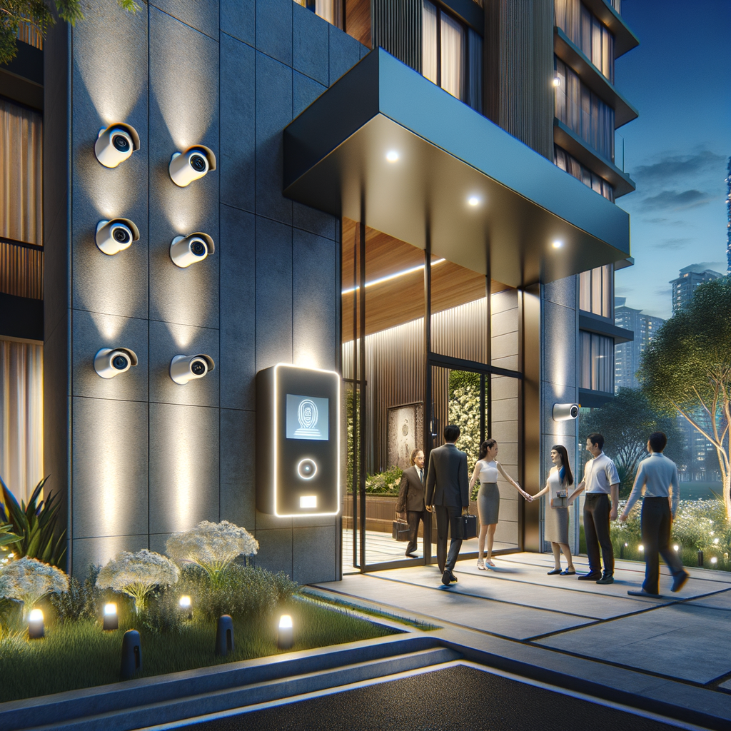Create a wide-angle, high-resolution illustration of a modern condominium entrance at dusk. The scene should feature discreet security cameras mounted in strategic locations above, as well as a sleek, softly glowing biometric access panel situated next to wide, elegant glass doors. Well-lit pathways illuminated by motion-sensor lights carve a path through the environment. Surrounding this, there should be lush, well-maintained landscaping that adds to the aesthetic appeal of the area. Now, add people. Show friendly residents, who are diverse in gender and descent, including Hispanic, Middle-Eastern, and Caucasian persons interacting, greeting each other warmly as they enter. This scene should convey an overriding sense of advanced security mingled with a warm sense of community.