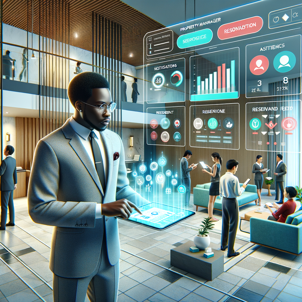Isometric perspective of a modern condominium lobby, detailed with high resolution. In the scene, an African professional property manager, attired in smart casual, holding a sleek tablet illuminated with colorful charts, financial graphs and reservation calendars. In the backdrop, Asian and Hispanic residents interacting with digital wall-mounted displays and engaging with their smartphones. There are interface overlays around the scene, featuring icons for notifications, access control, and maintenance requests, maintaining subtlety yet playing a significant role in the composition. The image holds a clean, technology-focused aesthetic with a color scheme dominated by icy blues and whites, hinting at the concepts of transparency and efficiency.