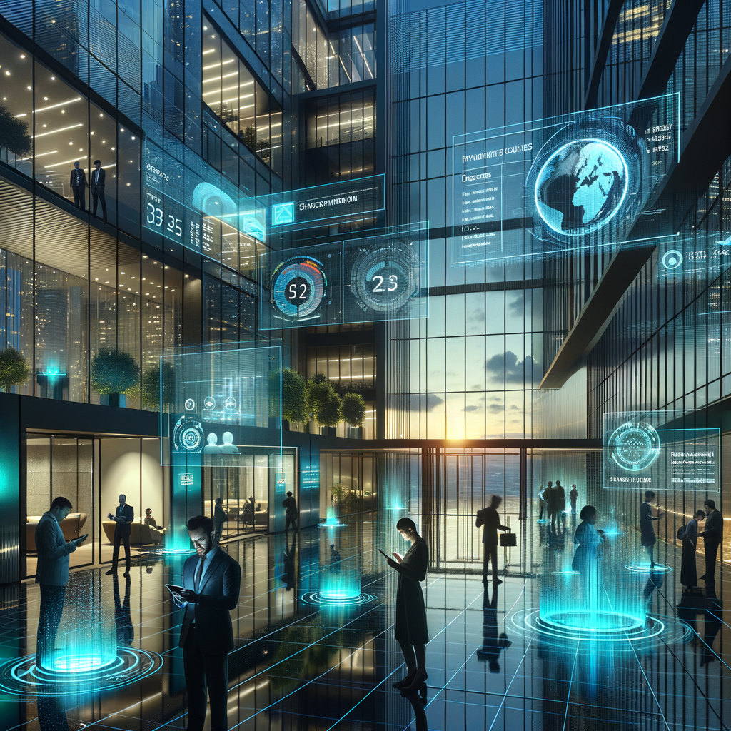 A photorealistic depiction of a futuristic condominium lobby as evening sets in. The architecture is sleek and modern, characterized by glass and metal surfaces. Residents, diverse in descent and gender, are shown engrossed in their smartphones and tablets, interacting with floating holographic dashboards that display financial charts, maintenance schedules, and community messages. Neon-blue and green light accents illuminate the space, casting dynamic reflections across the sheen of glass and metal. The scene reeks of a high-tech ambiance with subtle digital grid overlays subtly visible in the backdrop, and a cinematic composition defines the overall arrangement.