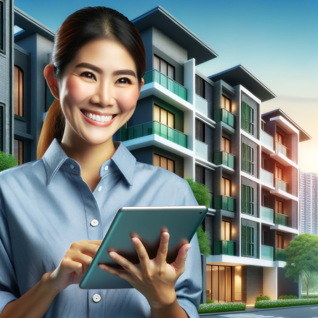 Create an image of a cheerful and efficient building manager, of South Asian descent and female gender, using a tablet or smartphone to manage a modern, well-maintained condominium. The building has contemporary architectural features and is very well-kept. The manager is portrayed with a smile on her face, indicating her approachability. The colors in the image are vibrant and lively, further enhancing the atmosphere of competence and positivity.