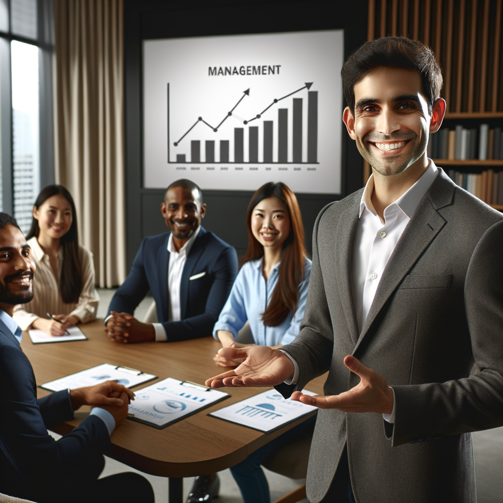 A smiling building manager, of Hispanic descent, presenting a clear management graph to a diverse group in a modern, well-lit condominium meeting. The group consists of a Caucasian woman, a Black man, a Middle-Eastern woman, and a South Asian man. The scene emphasizes trust and clarity of information.