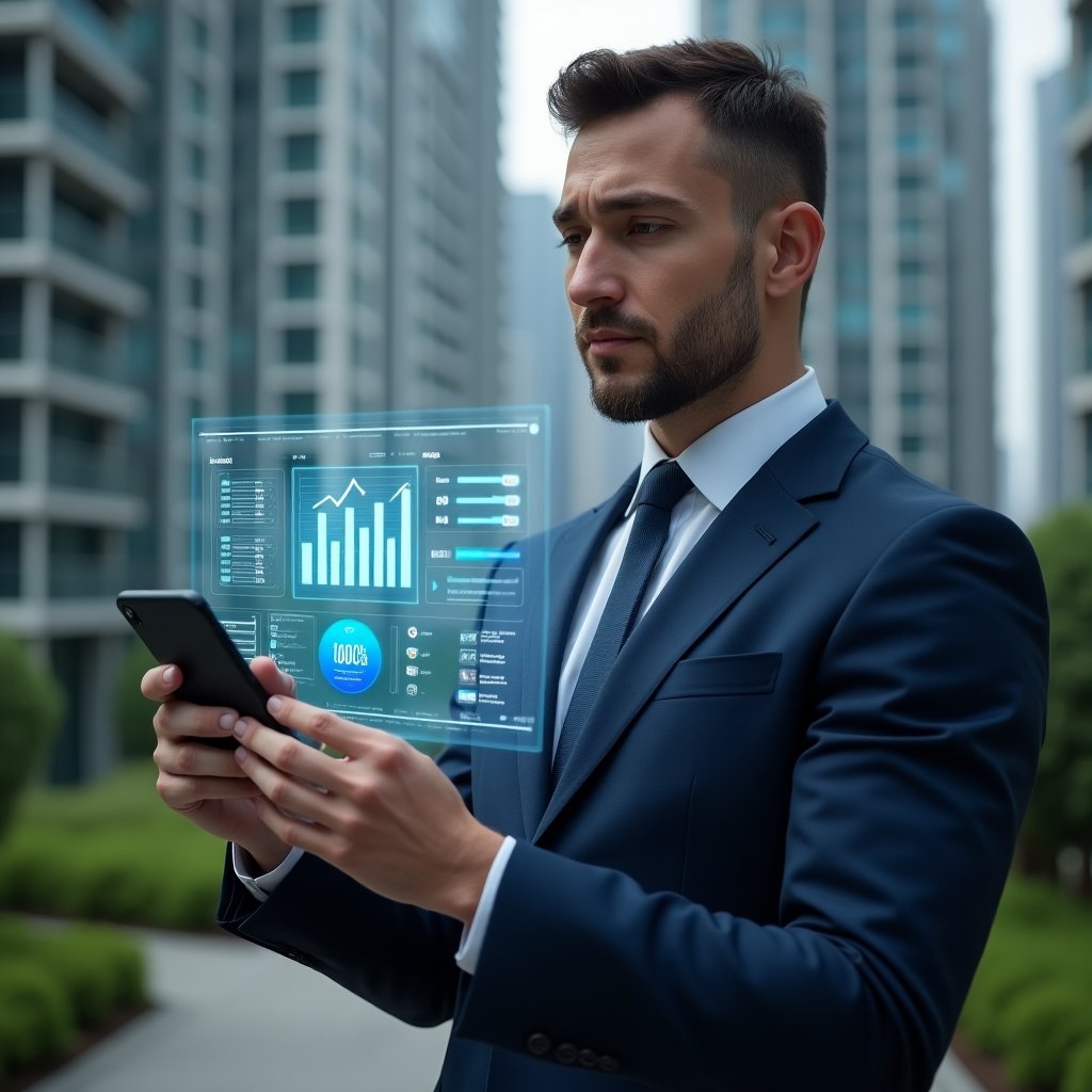 (Ultra-realistic condominium manager in a dark blue suit, holding a smartphone and examining a holographic app interface with financial charts and notification icons, set in a modern luxury condominium environment with high-rise buildings and lush green landscaping, confident and focused expression, cinematic lighting, shallow depth of field, highly detailed textures, realistic skin, photographic realism, 8k resolution --ar 1:1 --v 6)