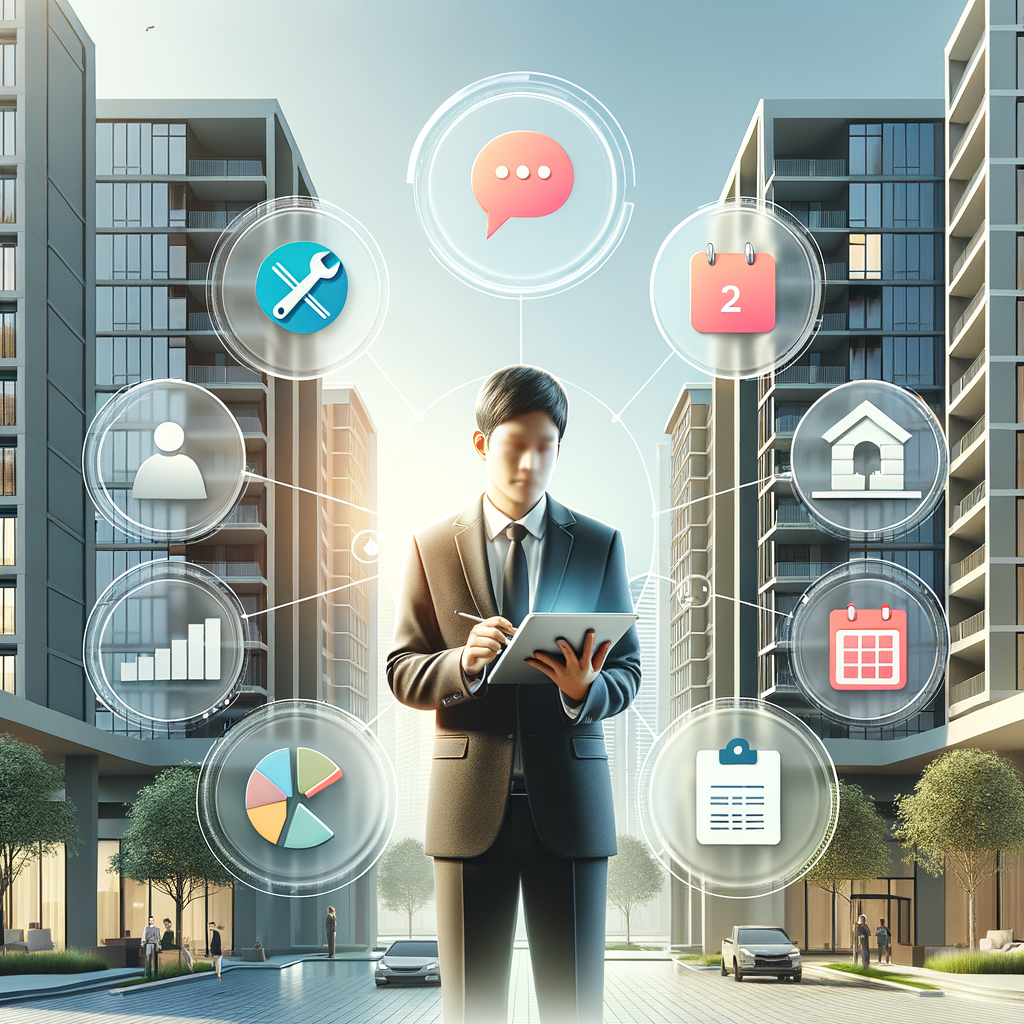 Create a clean, modern condo lobby with sleek buildings. Include a professional property manager of South Asian descent holding a tablet that displays colorful financial graphs. Surround the manager with semi-transparent icons representing maintenance (depicted with a wrench), communication (shown as a chat bubble), calendar reminders, legal documents, and budget charts. The image should be in the style of a bright, minimalist digital illustration and must be high resolution. Emphasize soft, natural lighting to convey a warm and welcoming atmosphere.
