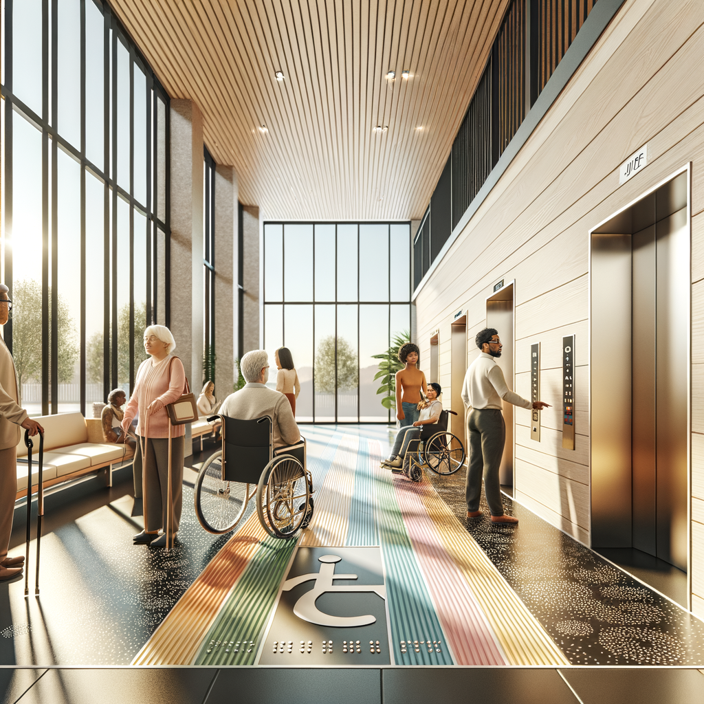 Create a warm-toned realistic illustration of a modern and accessible condominium lobby. The lobby features a gentle slope access ramp to ensure easy navigation and wide automatic elevator doors equipped with braille panels for the visually impaired. There should be color-contrasted handrails and tactile signage on the floor for sensory and assistance. Bright natural light streams through large glass doors to provide excellent visibility. Included in the scene is a diverse group of residents: a Caucasian elderly individual with a cane, a Hispanic person using a wheelchair, a Black individual who is visually impaired utilizing the tactile floor strips, and a South Asian young parent in the environment with a stroller. These individuals are interacting naturally within this inclusive, barrier-free environment.