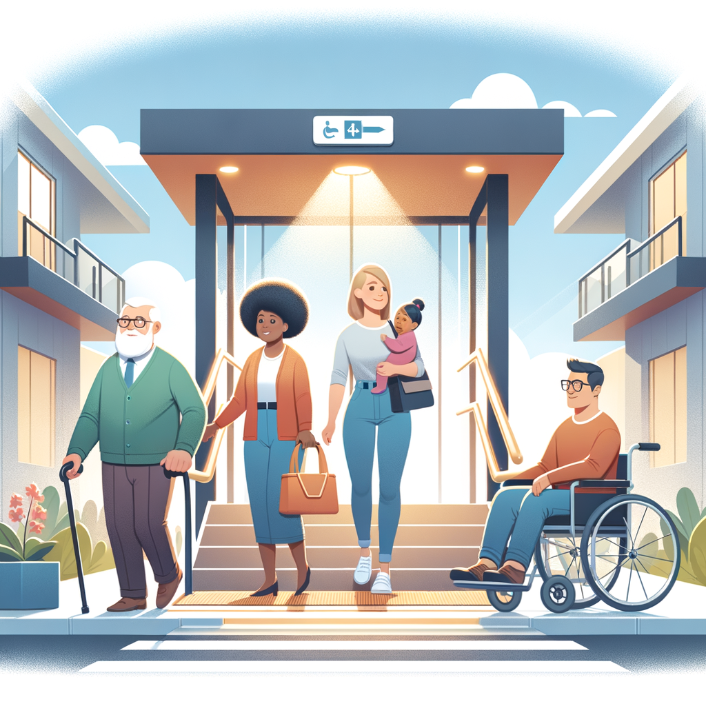 Create an image illustrating an article about accessibility in condominiums. We see a well-lit access ramp where various people are making use of it: an elderly Caucasian man using a cane, a Black woman pushing a stroller with a baby, and a South Asian man in a wheelchair. The overall design of the scene leans modern and welcoming, exuding an atmosphere of inclusion and ease of access. The color palette employed features light and cheerful colors, promoting a positive vibe.