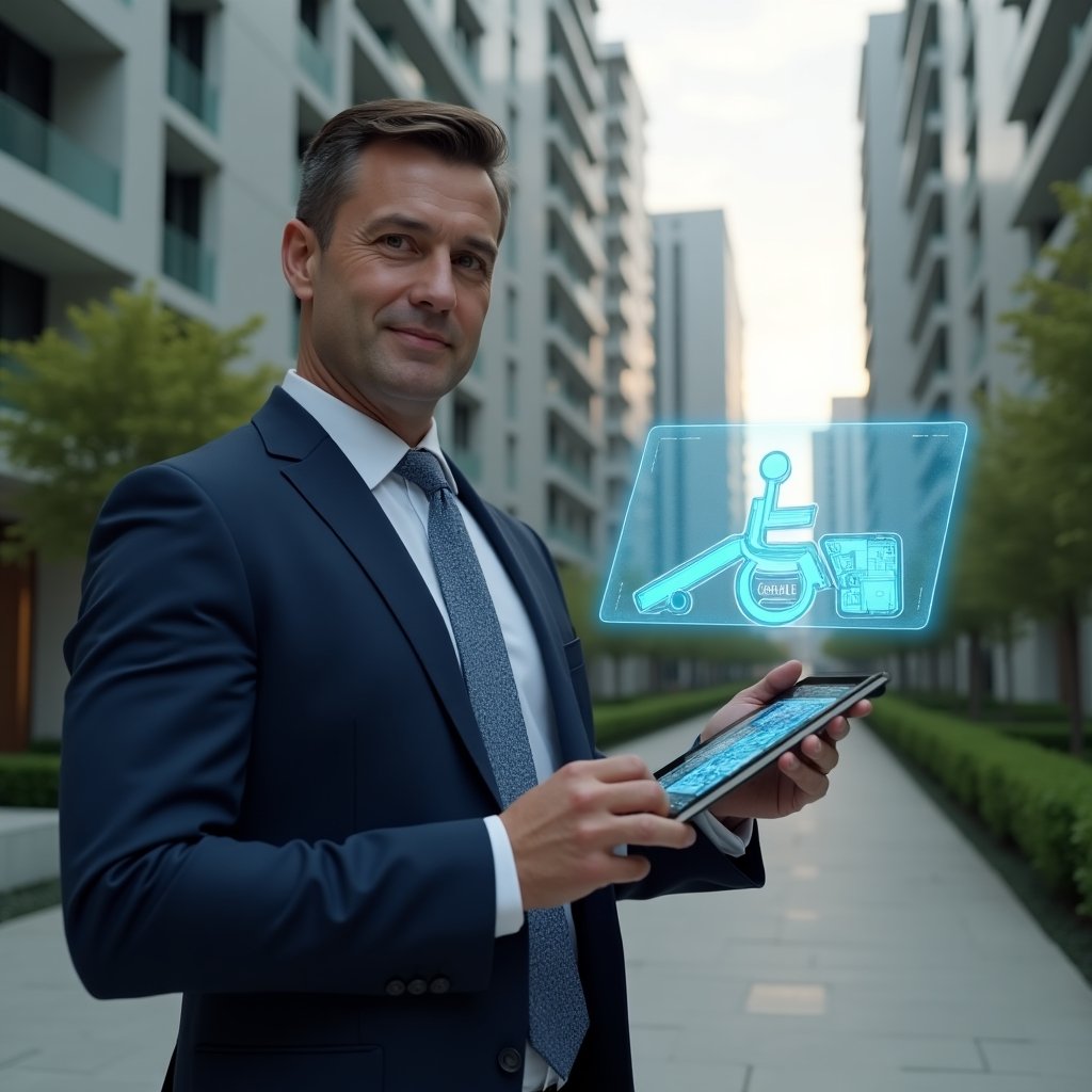 Ultra-realistic condominium manager in a navy business suit, set in a modern luxury condominium environment with high-rise buildings and green landscaping, holding a digital tablet displaying floor plans with ramp and tactile paving design, holographic wheelchair accessibility icon floating beside him, cinematic lighting, shallow depth of field, highly detailed textures, realistic skin, photographic realism, 8k resolution --ar 1:1 --v 6