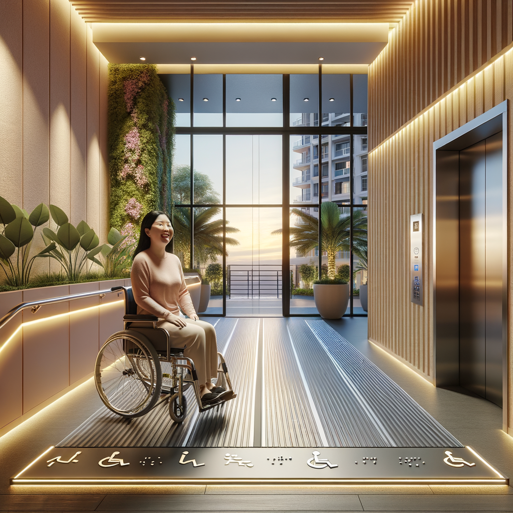 Please visualize an interior of a modern condominium common area, designed with universal access principles. Display a sleek, slightly angling wheelchair ramp endowed with stainless-steel handrails, and contrasting tactile strips on the floor. The design should also include clear braille signage situated next to an automatic elevator door. A joyful Asian female resident in a wheelchair confidently moves up the ramp, illuminated by warm natural light from sizable windows. Soft pastel painted walls and lush potted plants offering an aesthetic appeal. The whole scene shouldn't just project architectural elegance but also inclusion and safety.