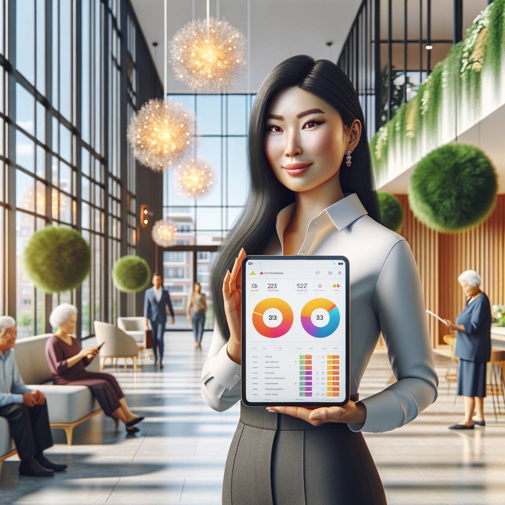 A photorealistic digital illustration of a professional female condominium manager of South Asian descent standing in a bright, modern lobby decorated with floor-to-ceiling windows and lush green plants. She holds a sleek, cutting-edge tablet that displays a vibrant condo management application interface including charts, notifications, and a booking calendar. In the delicately unfocused background, well-kept communal areas can be seen along with a diverse group of residents of various descent using smarthphones: a Caucasian man, Black woman, and a Hispanic elderly couple. The scene exudes efficiency, transparency and modernity, with warm sunlight streaming in and a clean, minimalistic design ethos pervading the surrounding.