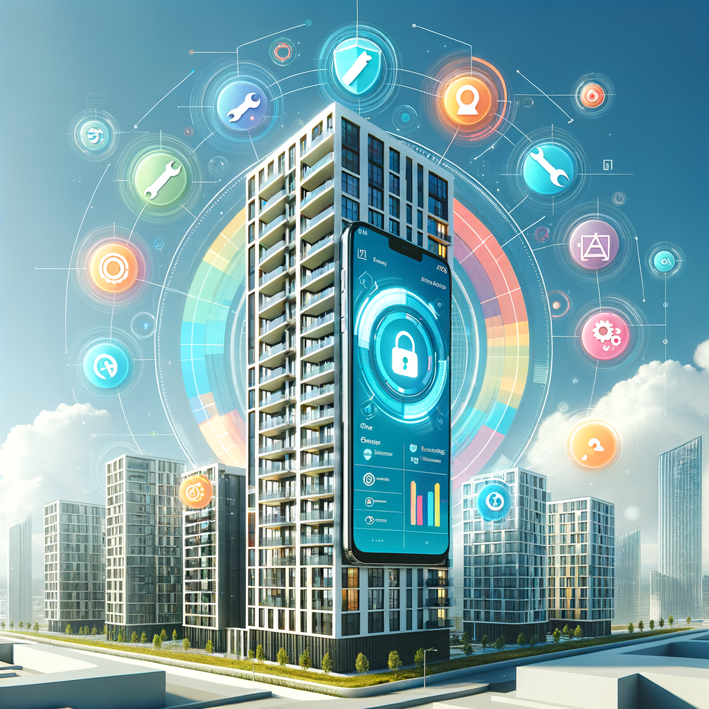 A contemporary high-rise apartment building stands tall against a cloudless sky in the backdrop, its architectural edge showcased. In the foreground, a slim, modern smartphone stands, its screen occupied by a vivid, user-friendly condominium management app. Floating around the mobile device are semi-transparent holograms representing different aspects of the app: a shield symbolizing security, a wrench signifying maintenance, a chat bubble standing for communication, a pie chart denoting financial management, and a gear representing technology. The image utilizes a palette full of bright and bold colors, rendered in a high-resolution, clean and futuristic digital style.