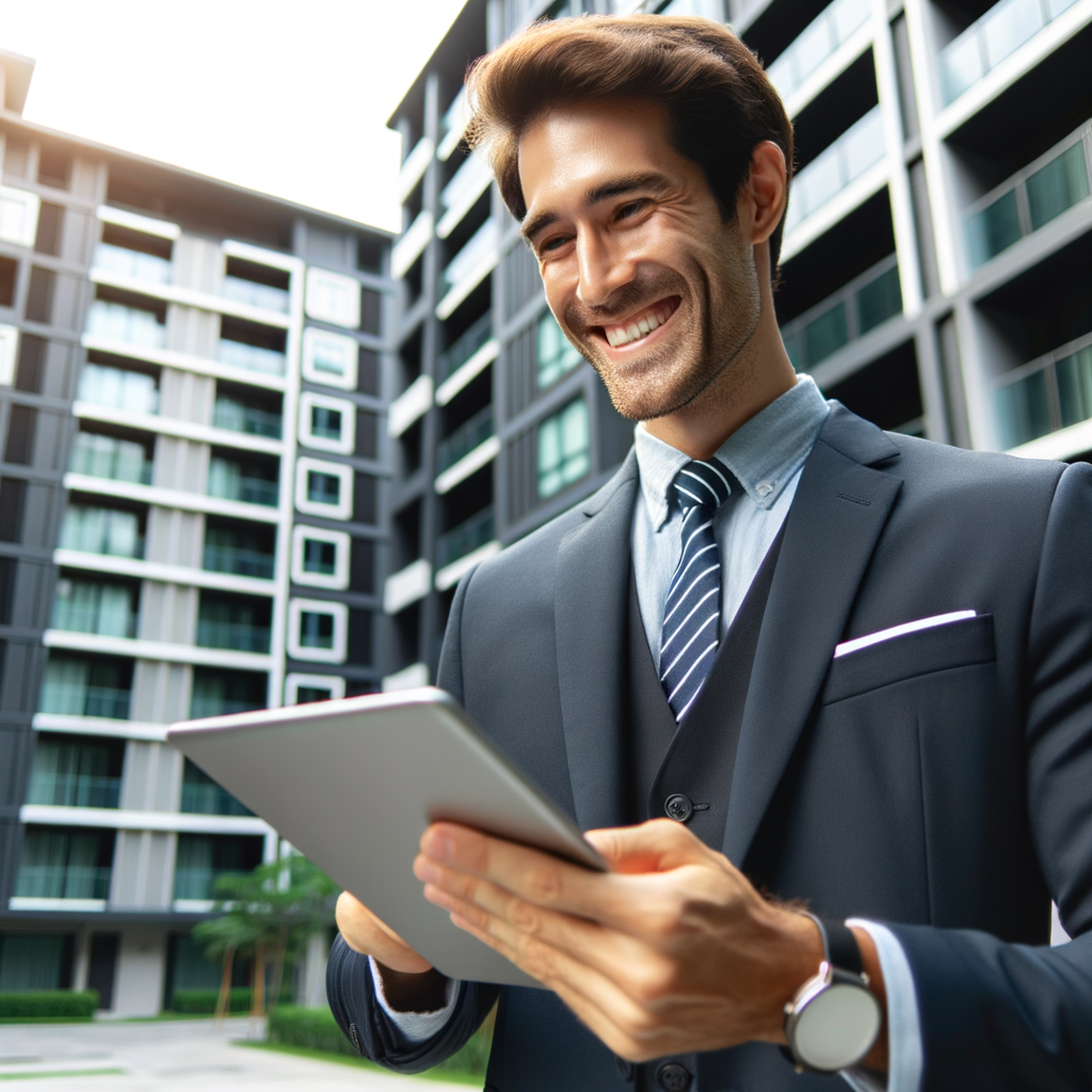 A modern and efficient property manager, smiling as he uses a tablet to take care of a condominium's finances. He is in the surrounding of a condominium building, giving an impression of a well-organized and effective management. The scene should look like a well-lit professional photograph.