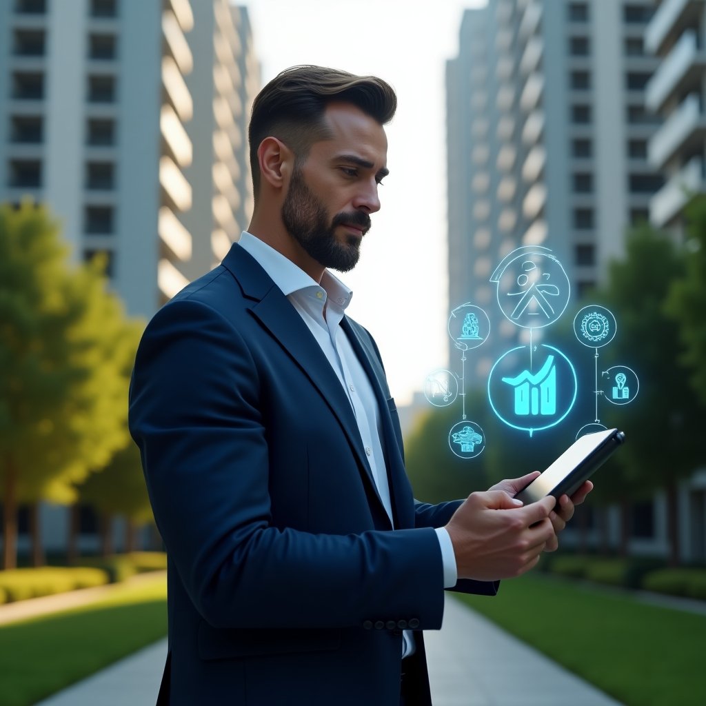 (Ultra-realistic condominium manager in a tailored navy-blue executive suit, set in a modern luxury condominium environment with high-rise buildings and manicured green landscaping, holding a tablet and examining floating holographic icons representing technology, communication, sustainability, financial charts and a handshake, confident and focused expression, cinematic lighting, shallow depth of field, highly detailed textures, realistic skin, photographic realism, 8k resolution --ar 1:1 --v 6)