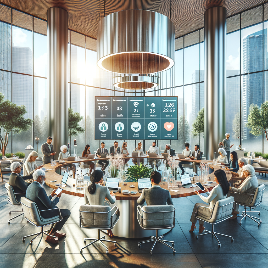 Imagine a bright, modern shared room in a condominium bustling with variety of residents such as Hispanic elderly citizens, Middle Eastern families, Caucasian young professionals, and South Asian seniors. They are gathered around an elegant, sleek round table. Some are engrossed in their tablets and smartphones, their screens showing user-friendly condo-management app interfaces with voting buttons and active chat bubbles. Alternatively, others are focused on a dominant digital screen mounted on the wall, displaying the meeting agendas and live poll results. Enormous glass windows stretch from the floor to the ceiling, streaming in soft and comforting natural light that bathes the contemporary furniture and lush potted green plants. Capture this setting in a high-resolution digital illustration, with a touch of stylization but largely grounded in realism. The color palette should be warm and welcoming, creating an ambiance that beautifully encapsulates the spirit of collaboration, transparency, and community engagement.