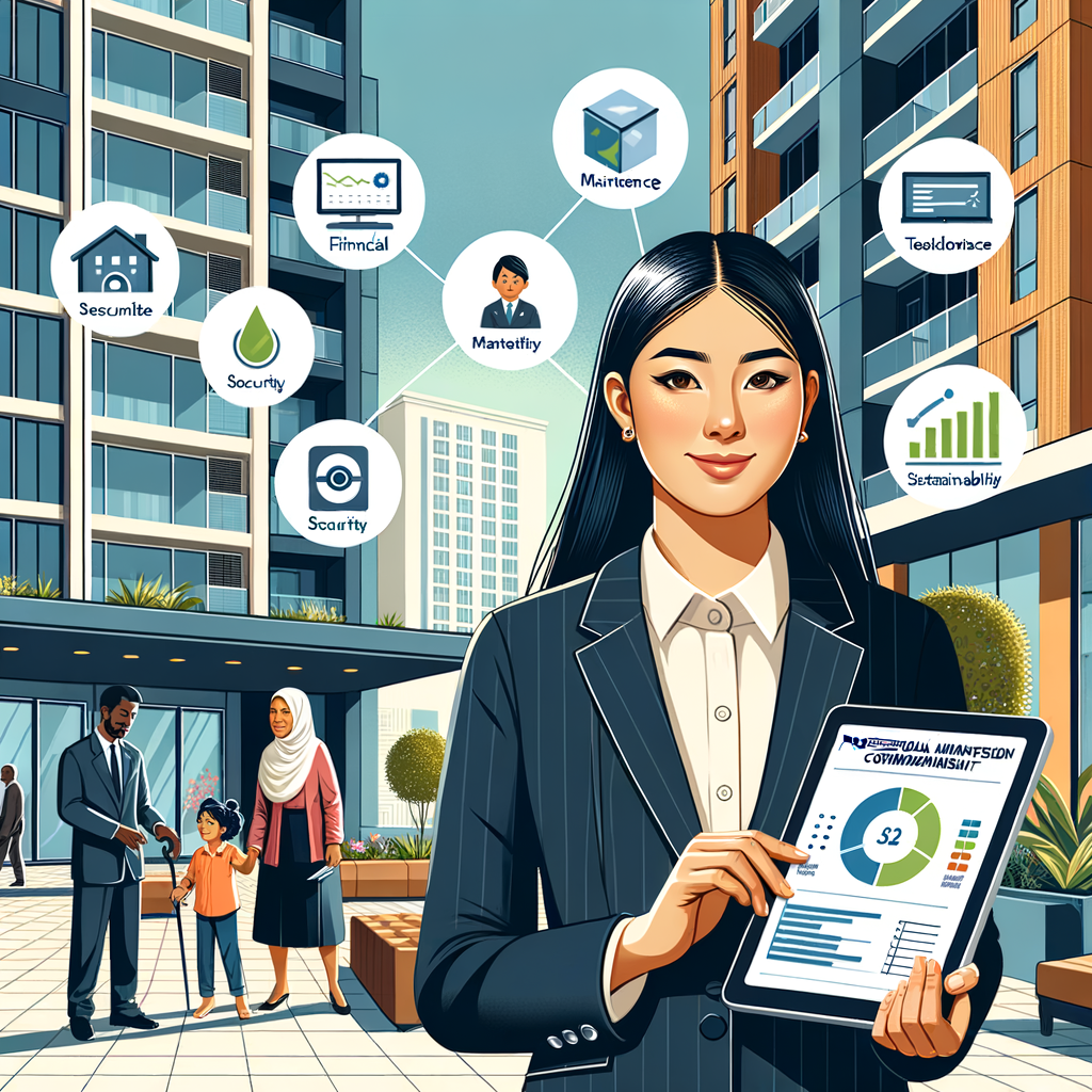 Detailed illustration of a professional condominium manager, who is a South Asian female, holding a tablet that displays financial charts, maintenance checklists, security camera feeds, sustainability icons and resident notifications, set against a modern high-rise building lobby. In the background, there is a Caucasian male and a Black female residents in conversation, a Middle-Eastern child playing with his Hispanic father, and an East Asian elderly woman walking with the help of a cane. The image is in flat vector style with clean lines and vibrant yet professional colors.