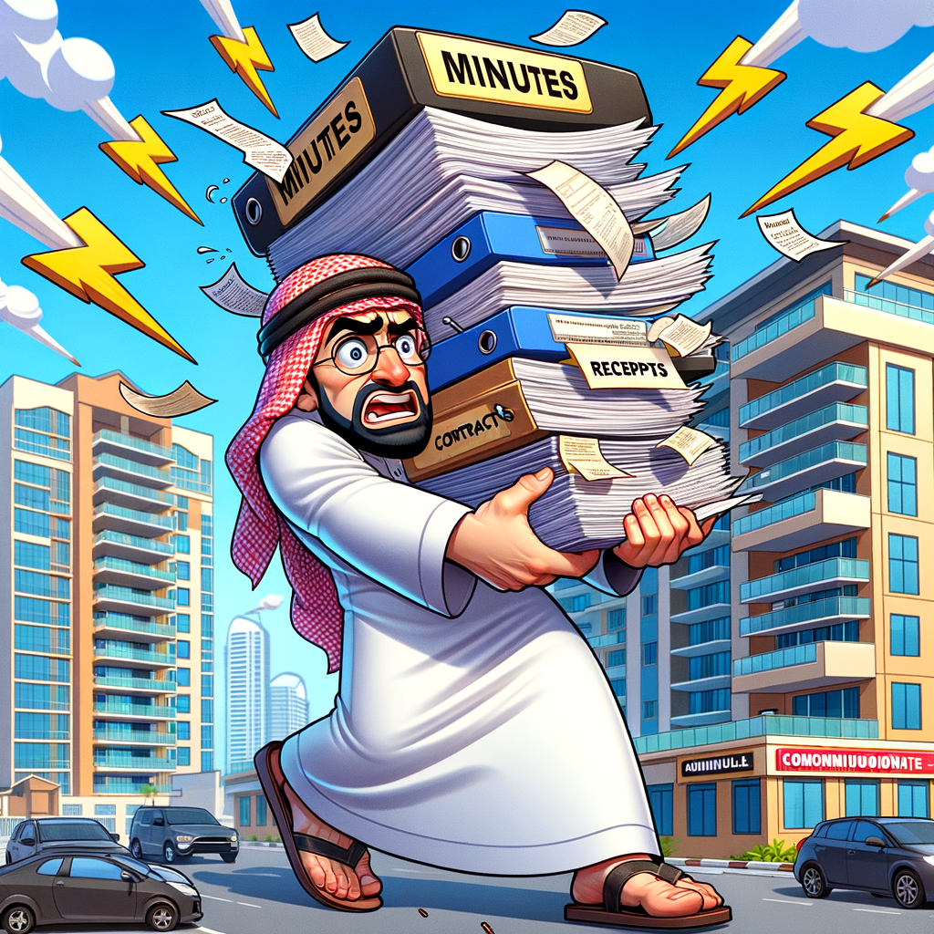 A Middle-Eastern property manager is humorously balancing a stack of condominium documents—minutes, receipts, contracts—while attempting to dodge mini legal lawsuits in the shape of lightning bolts or arrows. The scene is in a cartoonish and fun style, featuring vibrant colours. The background signifies a condominium with various types of apartments visible. The manager carries a comedic expression of worry on his face.