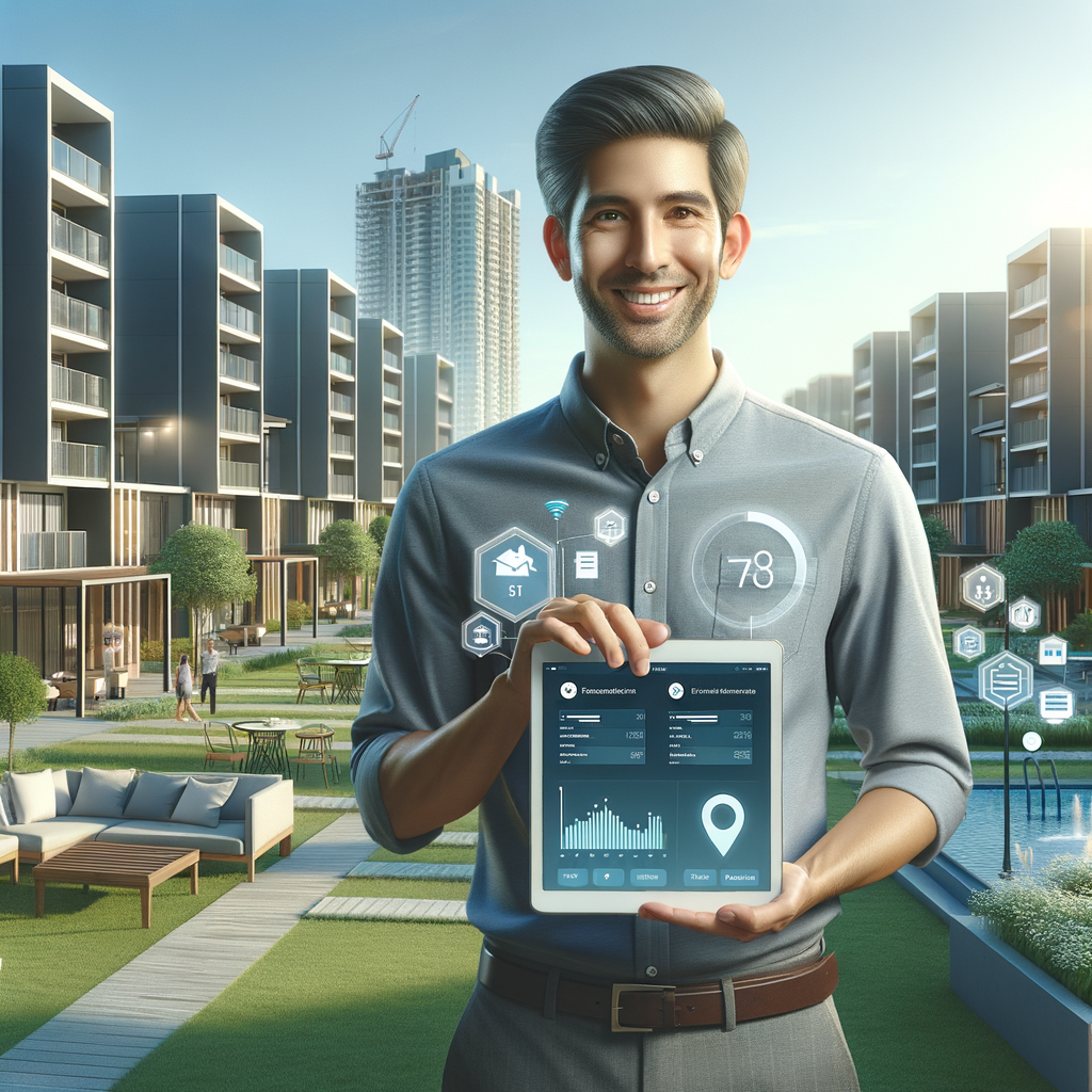 A high-resolution, realistic illustration of a modern condominium complex on a bright, sunny day. In the foreground, a cheerful property manager of Hispanic descent, wearing smart-casual attire, holds a tablet displaying a condo management app interface with visible graphs, payment notifications, and booking icons. Behind him, clean-lined buildings, neatly landscaped gardens, and a communal seating area stretch into the distance. Subtle floating digital overlays—such as checklists, chat bubbles, and financial charts—hover around the tablet to emphasize the concepts of technology, transparency, and efficient condo administration.