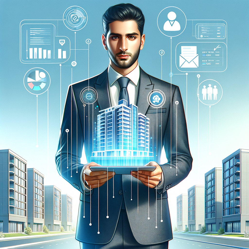 Generate a clean, modern illustration of a Middle-Eastern male condominium manager standing in front of a sleek, multi-story building. In his hands, he's holding a tablet that shows a digital dashboard. Surrounding the tablet, there are floating icons representing virtual assemblies, voting ballots, email notifications, and financial charts. Use a bright, professional color palette with crisp lines and subtle 3D depth to create a tech-forward, approachable look.