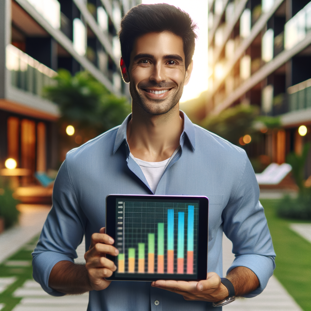 A confident and smiling building manager of Hispanic descent, dressed in casual business attire, holding a tablet that displays a vibrant-colored bar chart showing the financial growth and success of the condominium's management. In the blurred background, a modern residential building with large windows and well-kept green areas. The lighting should be natural and soft, conveying a sense of professionalism, modernity, and well-being.