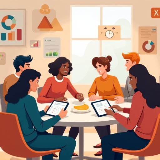 A vibrant digital illustration of a diverse group of condominium residents seated in a modern common room around a circular table, actively collaborating with tablets and smartphones in hand. In the background, semi-transparent floating graphs and charts display budget, maintenance schedules and task progress. Warm natural lighting, clean minimalist lines and a subtle color palette convey trust, engagement and innovation.