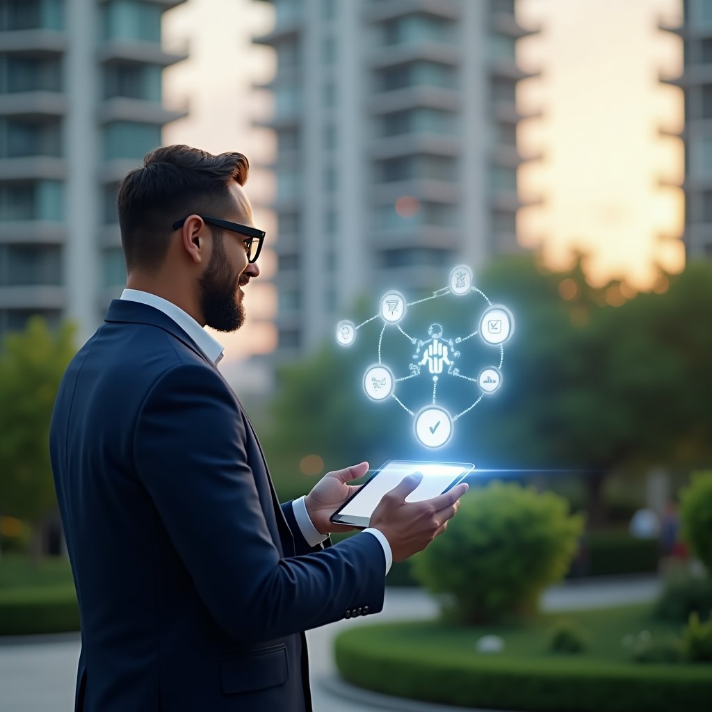 (Ultra-realistic condominium manager in a sleek navy blue business suit, set in a modern luxury condominium environment with high-rise buildings and well-manicured green landscaping, leading a small group of residents around a floating holographic voting interface, holding a digital tablet and smiling confidently to foster collaboration, digital ballot icons and interconnected hands symbols, cinematic lighting, shallow depth of field, highly detailed textures, realistic skin, photographic realism, 8k resolution --ar 1:1 --v 6)