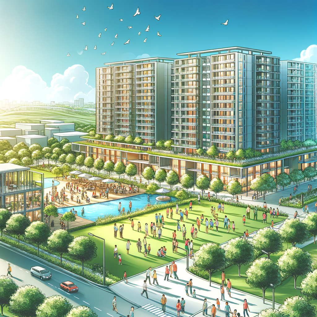 Generate a vibrant aerial view image of a modern condominium. The condominium is surrounded by lush green areas where people of various descents and genders can be seen interacting harmoniously. The sky above is clear and sunny, imparting a sense of well-being and orderliness. The illustrative style should convey an inviting impression, emphasizing the active and positive facets of condominium living.