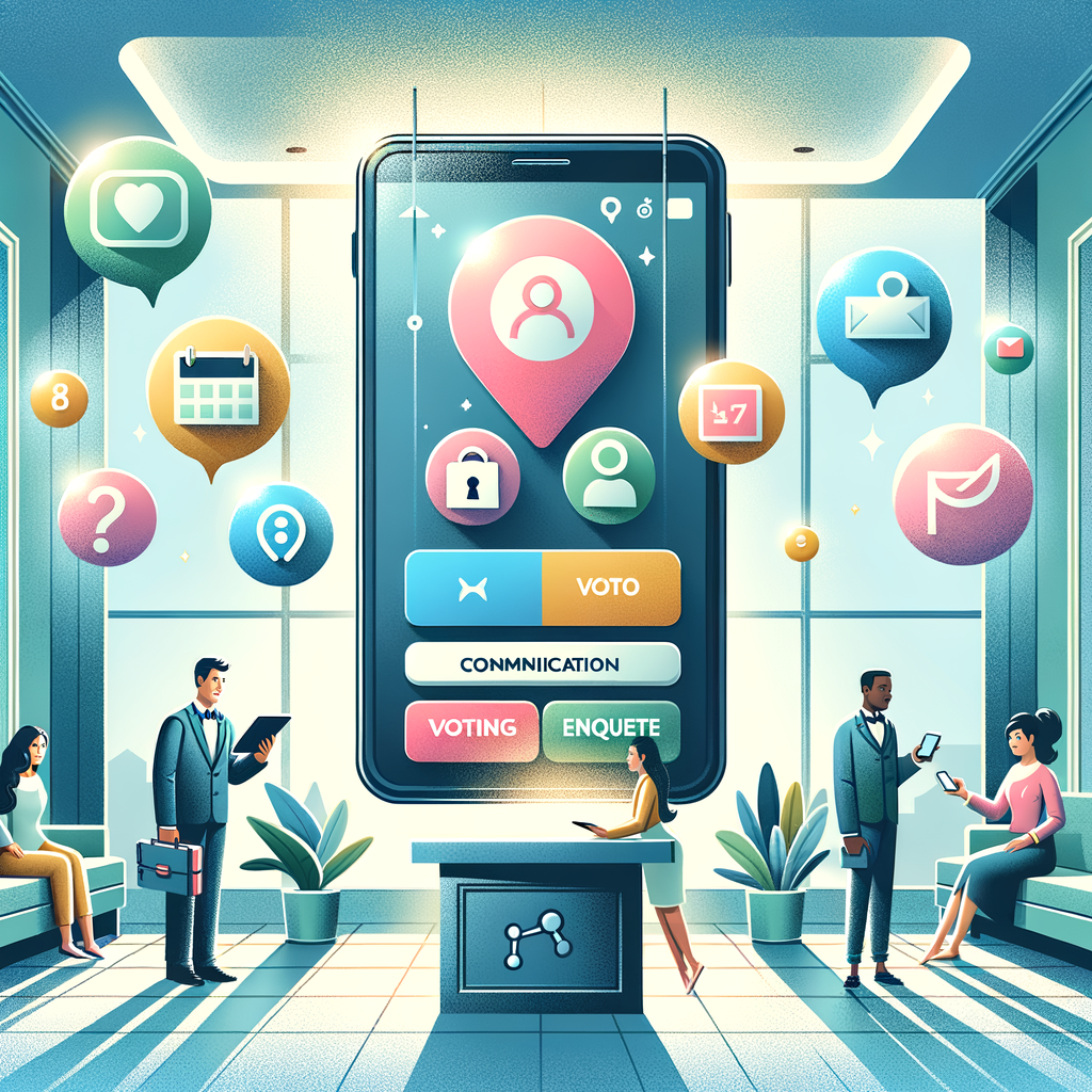 Create a digital illustration in a minimalistic flat-vector style for a web article banner. Visualize a modern smartphone floating centrally above a light-filled condominium lobby exemplifying a clean, airy ambiance. The phone screen features a condo-management app interface with colorful icons representing messages/notifications, a reservation calendar, a voting/enquete button, and a compact financial dashboard chart. Surround the smartphone with dreamy depictions of communication bubbles, a key-card icon, and a marked calendar date portrayed semi-transparently. In the background, show two residents of varied descent; a South Asian man holding a tablet, and a Caucasian woman focused on her phone, adding a touch of human activity. Also include a small concierge desk, operated by a friendly Black concierge, to represent service. The color scheme should be vibrant yet professional. Use soft shadows to enhance the modern, tech-savvy feel.