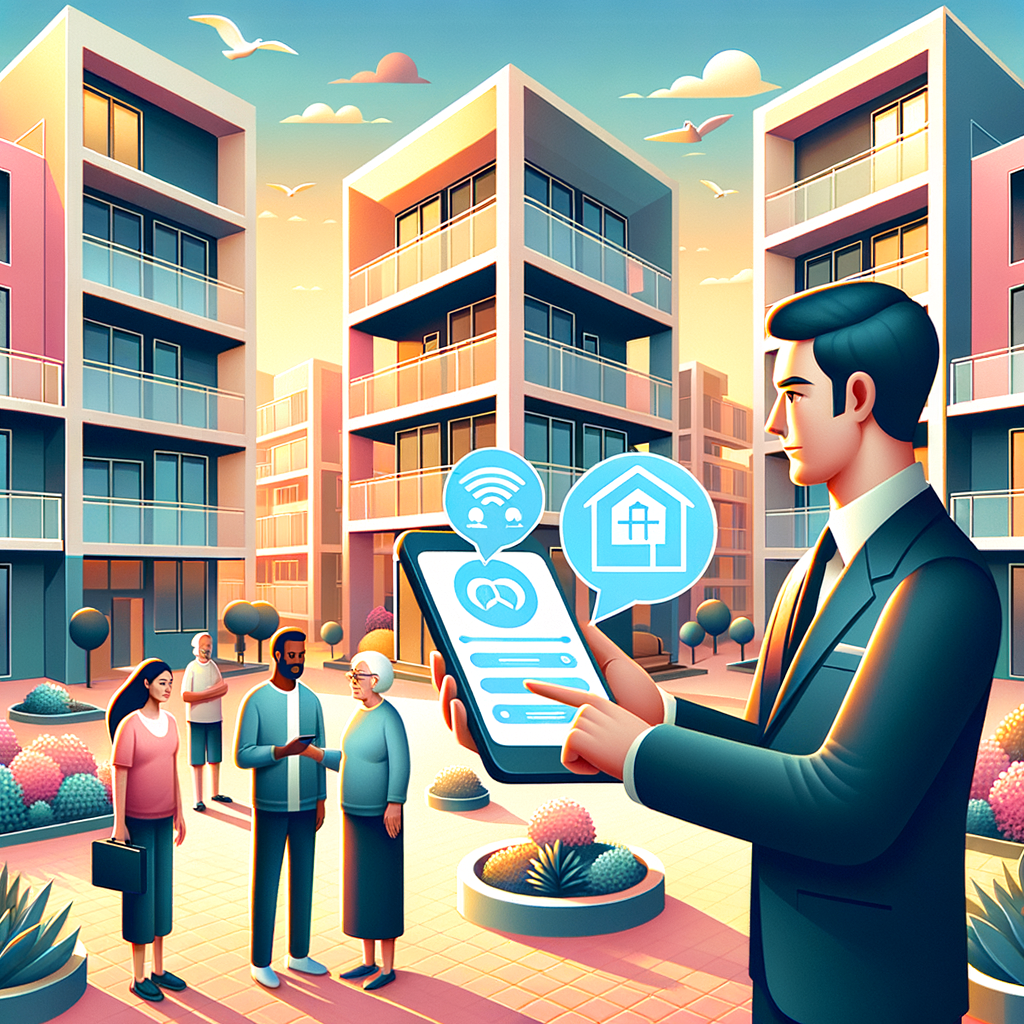 Generate a vivid, present-day digital illustration of a congenial condominium setting: within the radiant courtyard of an avant-garde apartment complex, a professional-looking manager of Caucasian descent, holds up a sleek smartphone displaying a condo-management app interface. To either side, two groups of neighbors engage in friendly chatter; a young couple of Black and Asian descent, and an elderly resident of Middle-Eastern descent. Integrate subtle chat-bubble and calendar symbols floating around to highlight the communication and booking functionalities. Apply vibrant, warm color palette, minimalist lines, soft shadows, and a slight isometric viewpoint to communicate a sense of harmony, advanced technology, and sense of community.