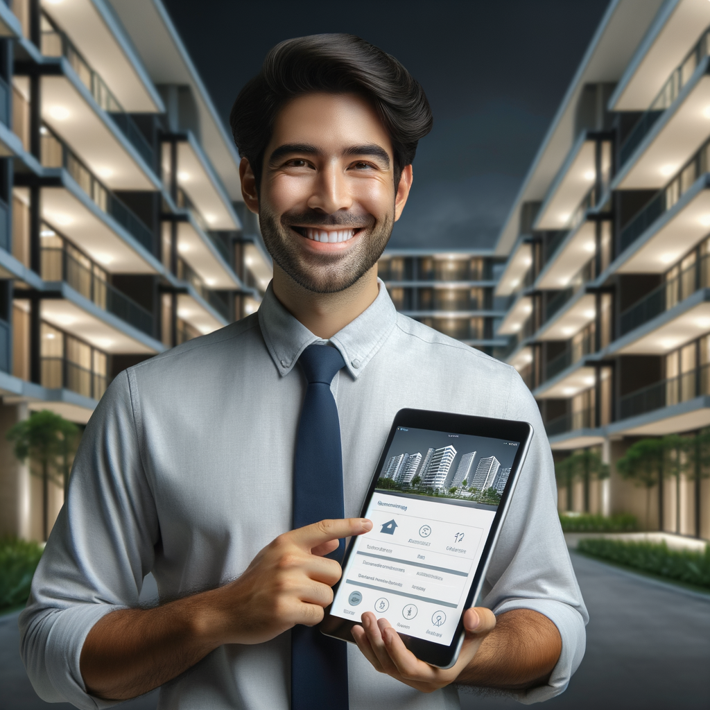 A Hispanic condominium manager smiling and holding a tablet, displaying the screen of a condominium management application. The background features a modern, well-maintained condominium complex, radiating a sense of order and security. The lighting should be gentle and professional, and the overall design should inspire trust and modernity.