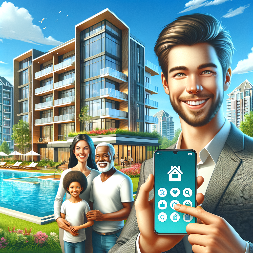 Create a high-resolution, vibrant illustration of a modern condominium complex on a sunny day. The architecture should include sleek multi-story buildings with glass balconies, surrounded by well-manicured green lawns and a sparkling azure pool. In the foreground, depict a Caucasian young professional, a Black family, and a Middle-Eastern senior, all smiling and holding smartphones displaying a clean, user-friendly condo management app interface. The overall aesthetic needs to convey organization, community engagement and efficiency, with the scene being filled with warm, natural light and a style that is polished and contemporary.