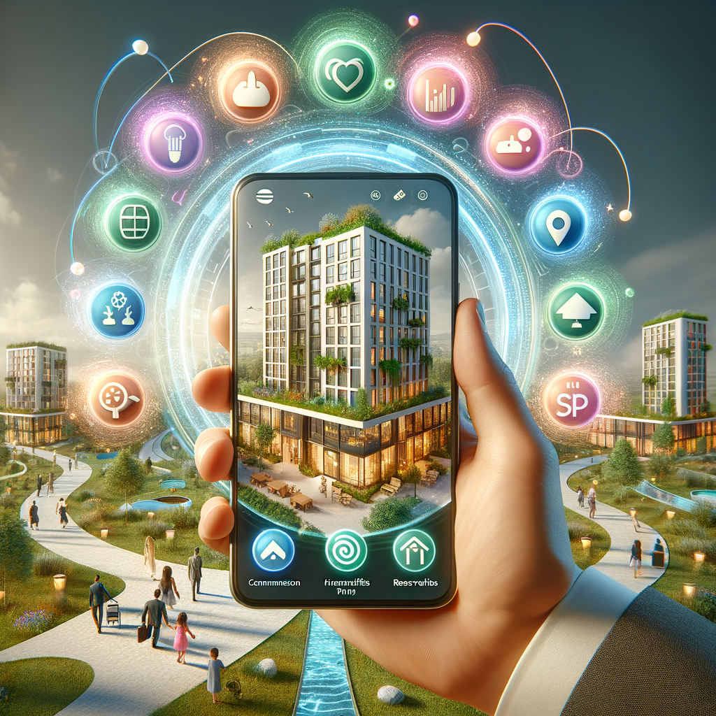 An image displaying a sleek, high-resolution smartphone cradled in one hand, its screen featuring an innovative property management application. This app showcases vibrant icons dedicated to various functionalities: communication, financial transfers, and reservations for facilities. On the smartphone's periphery, a modern residential complex emerges, its structure enhanced by verdant gardens and pathways. A variety of people consisting of Caucasian professionals, a Middle-Eastern family with children, and a Hispanic maintenance worker are engaging in cohesive interactions. Ethereal representations of data move from the app towards different aspects of the residential complex, signifying a connection between the digital app and the building. Through this scene, we can perceive the ideas of efficiency, communal participation, and environmental friendliness encapsulated in a refined, dynamic style.