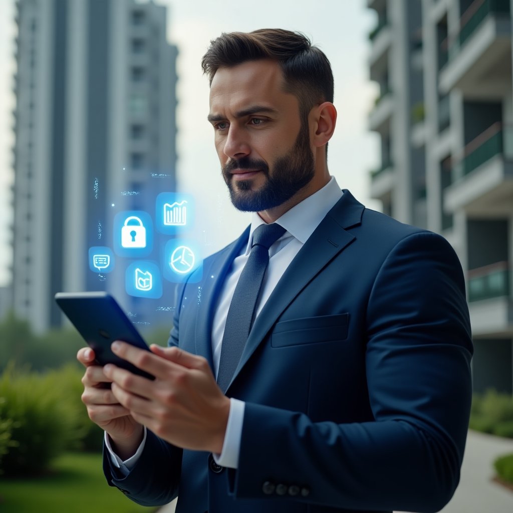 Ultra-realistic condominium manager in a navy blue suit, set in a modern luxury condominium environment with high-rise buildings and green landscaping, holding a smartphone displaying floating holographic icons of a padlock, financial chart, calendar, chat bubble and analytics graph, confident and focused expression, cinematic lighting, shallow depth of field, highly detailed textures, realistic skin, photographic realism, 8k resolution --ar 1:1 --v 6