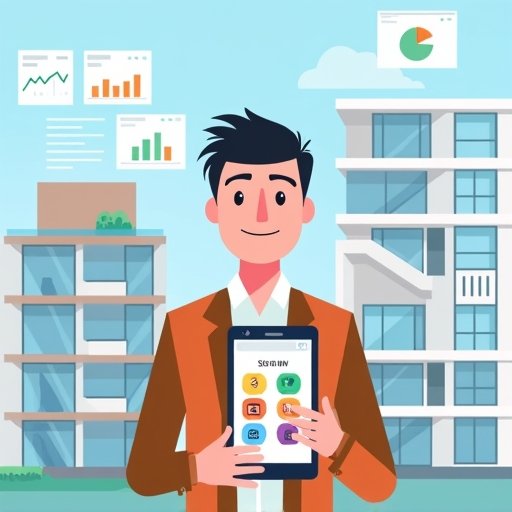 A clean, minimalist digital illustration showing a condominium manager standing confidently in front of a modern residential building, holding a smartphone whose screen displays colorful icons for room reservations, invoice payments, chat messages, QR-code access and security locks. In the background, semi-transparent bar graphs and pie charts float to represent real-time dashboards. Use a vibrant flat-design palette and a horizontal (16:9) format.