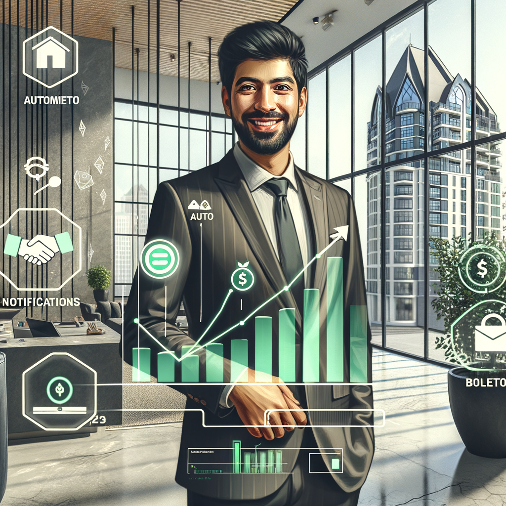 Generate a digital image of a friendly and cheerful condo manager. He is Middle-Eastern and stands amid a modern, chic lobby. This man is holding a tablet showcasing financial growth through green charts and reminders for payment. The view from the large windows reveals an architecturally modern apartment building. Symbols indicative of auto-notifications, a variety of payment methods (such as a boleto, credit card, and PIX), clear financial books, and a handshake hinting at debt negotiation float subtly about him. The artistic style should be semi-realistic, yet polished and professional, with a color palette that evokes trust and clarity.