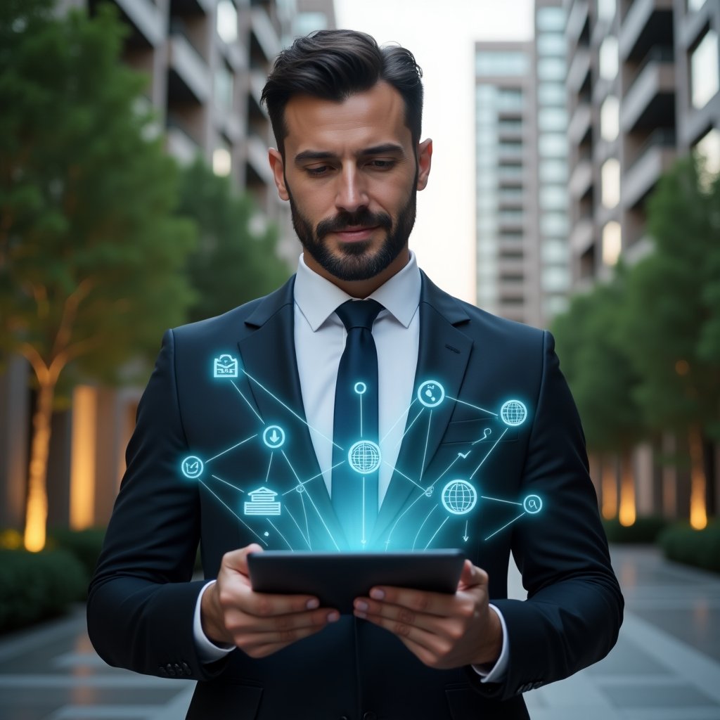 (Ultra-realistic condominium manager in a dark tailored suit, set in a modern luxury condominium environment with high-rise buildings and lush green landscaping, holding a tablet displaying glowing app icons and dashboards, holographic symbols for reservations, billing, and communication floating around, confident and focused expression, cinematic lighting, shallow depth of field, highly detailed textures, realistic skin, photographic realism, 8k resolution --ar 1:1 --v 6)