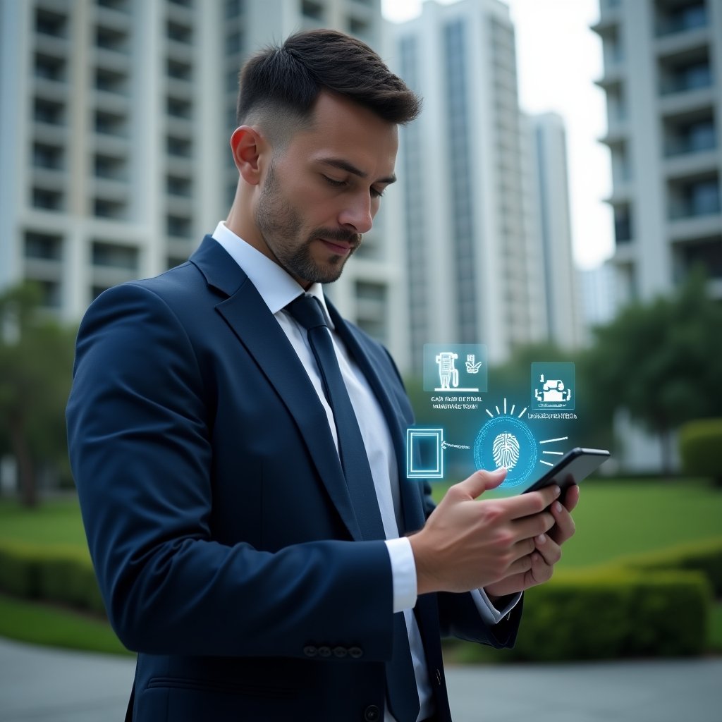 (Ultra-realistic condominium manager in a dark blue suit, set in a modern luxury condominium environment with high-rise buildings and lush green landscaping, holding a smartphone displaying a digital management app interface with biometric face scan and vehicle plate recognition, confident and focused expression, holographic icons of access control, financial charts and notification symbols floating around, cinematic lighting, shallow depth of field, highly detailed textures, realistic skin, photographic realism, 8k resolution --ar 1:1 --v 6)